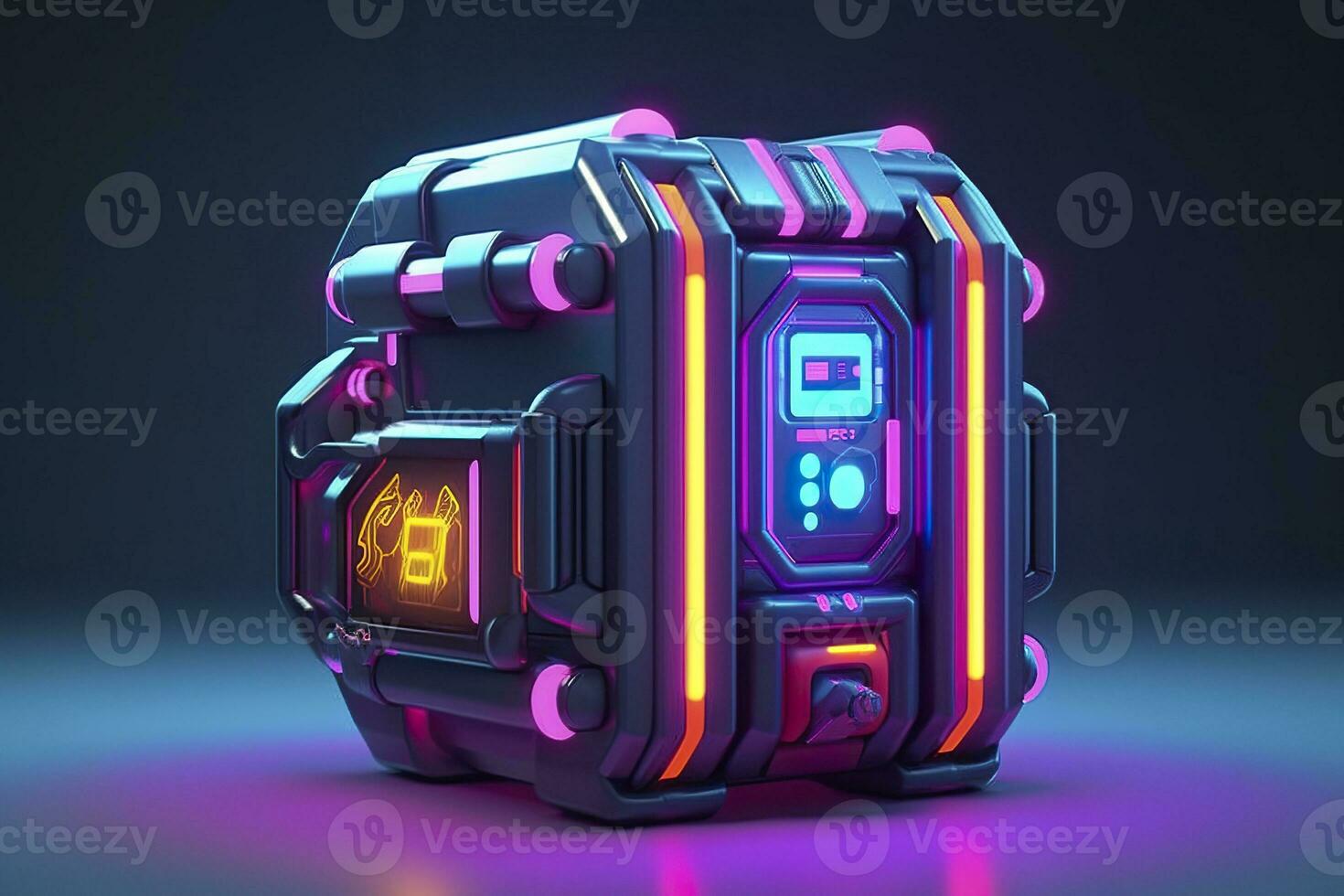 AI generated Modern and Futuristic Neon Digital Gaming Chest in Cartoon Pixar 3D Blender Style. AI Generative photo