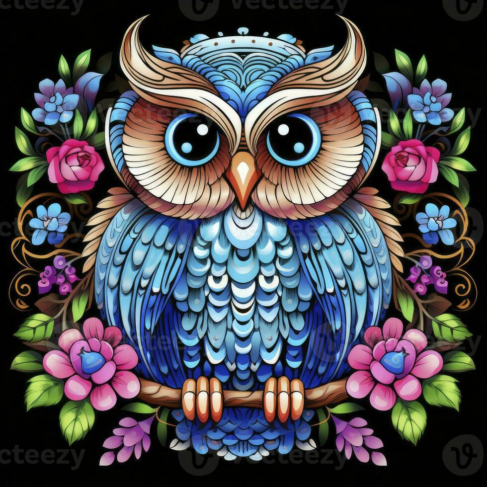 AI generated Multicolored mandala owl coloring page for adults. AI Generated photo