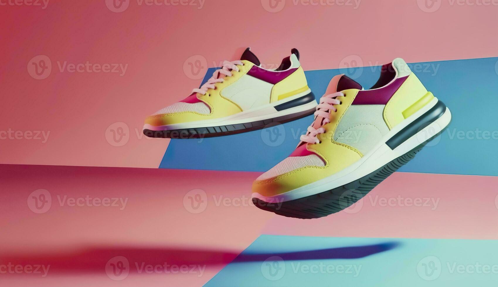 AI generated Flying trendy sneakers on creative colorful background, Stylish fashionable concept. AI Generated photo