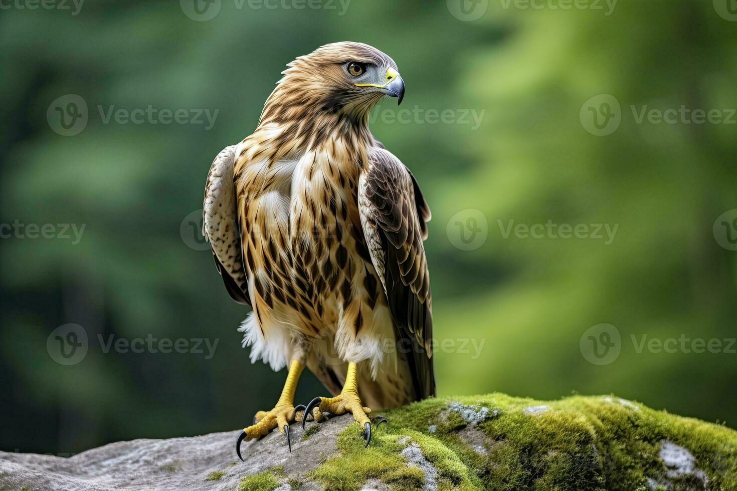 ai generado halcón sentado en rock mirando para presa. ai generado foto