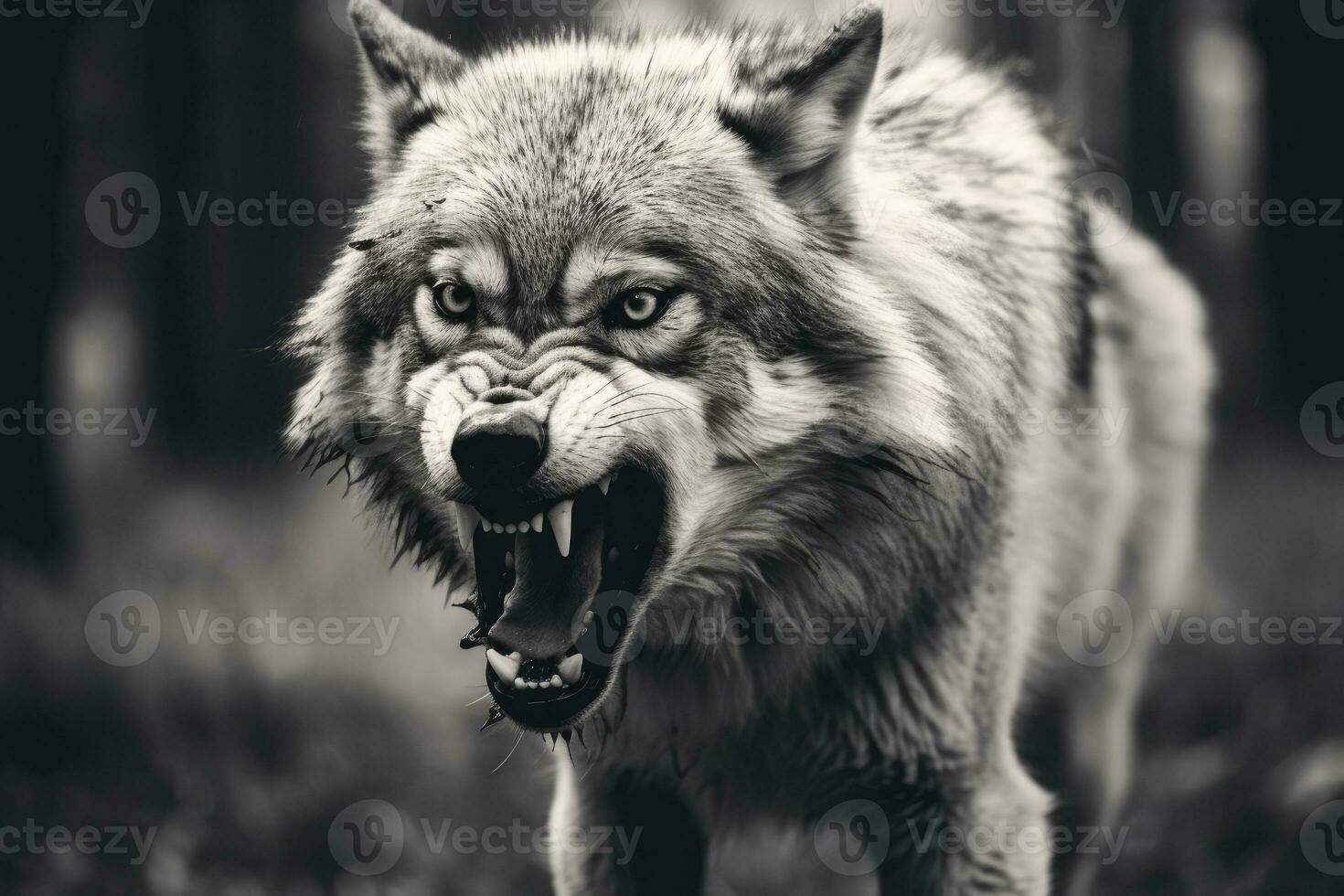 AI generated Greyscale closeup shot of an angry wolf with a blurred background. AI Generated photo