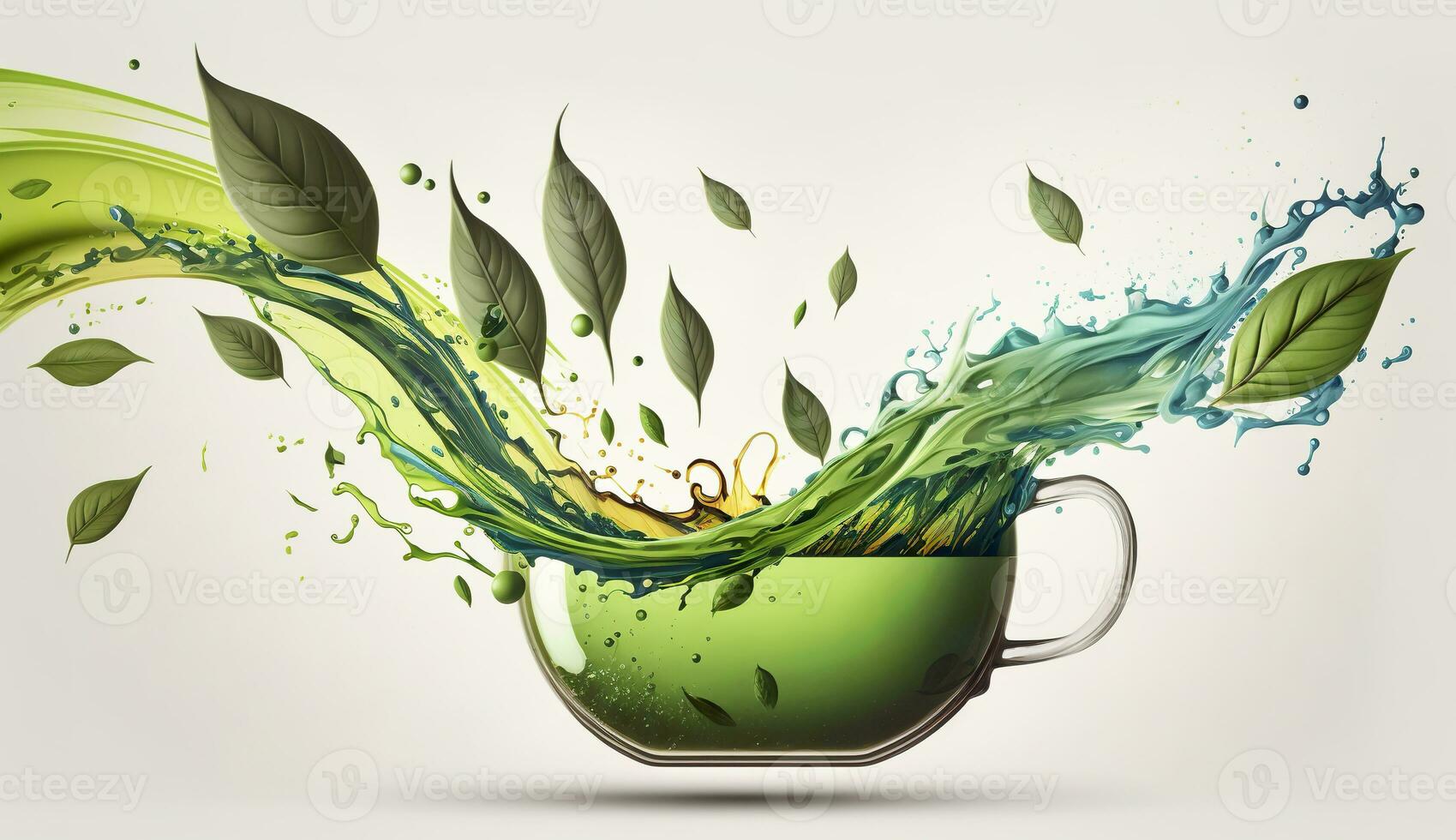 AI generated Green herbal tea wave splash with leaves flow. AI Generated photo
