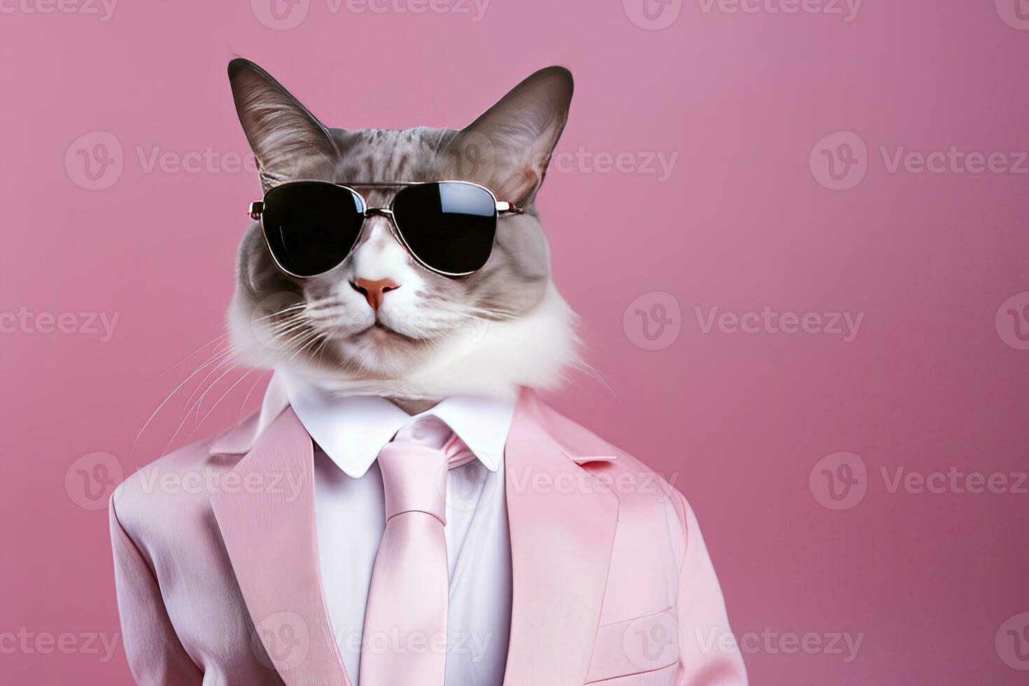 AI generated A cat is wearing sunglasses and suit on Pink Background. AI Generated photo