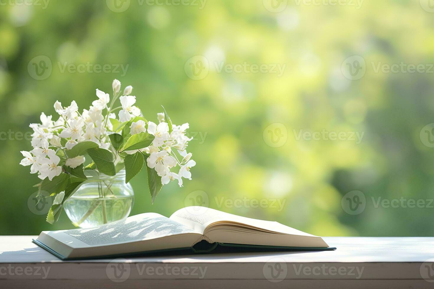 AI generated Jasmine flowers in a vase and open book on the table, green natural background. AI Generated photo