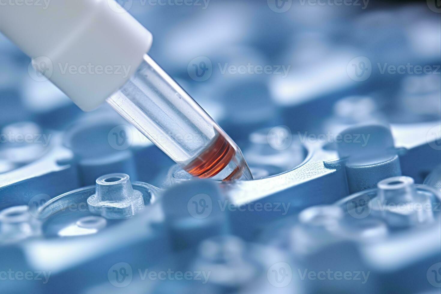 AI generated Macro shot of doctor tip and plastic plate for immunosorbent assay. AI Generated photo