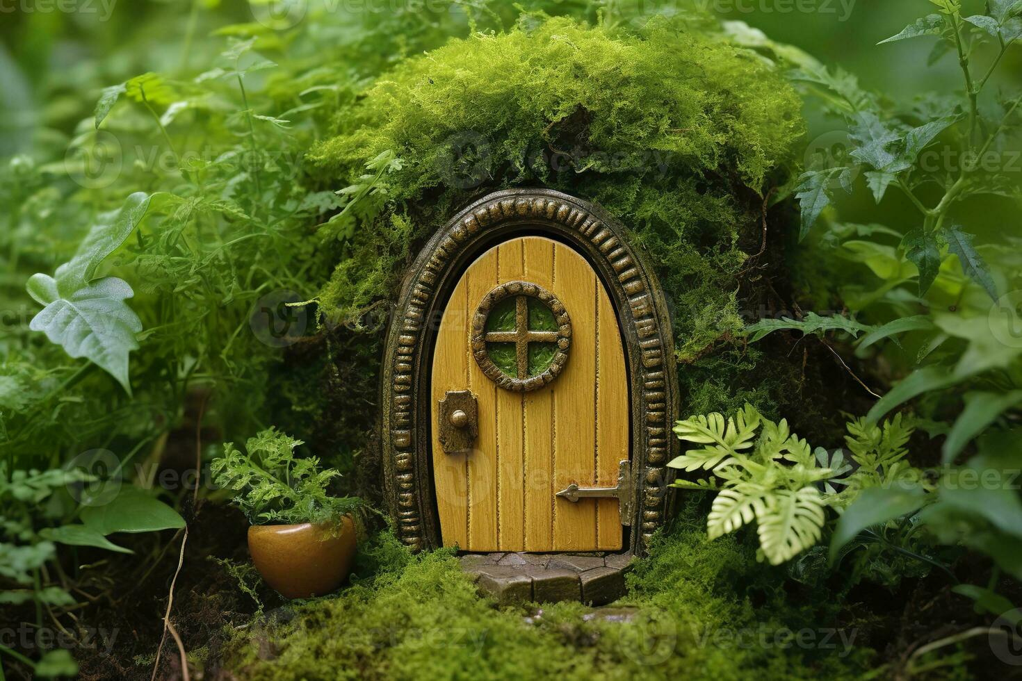 AI generated Little magic wooden fairy doors and plants leave on a mossy natural green background. AI Generated photo