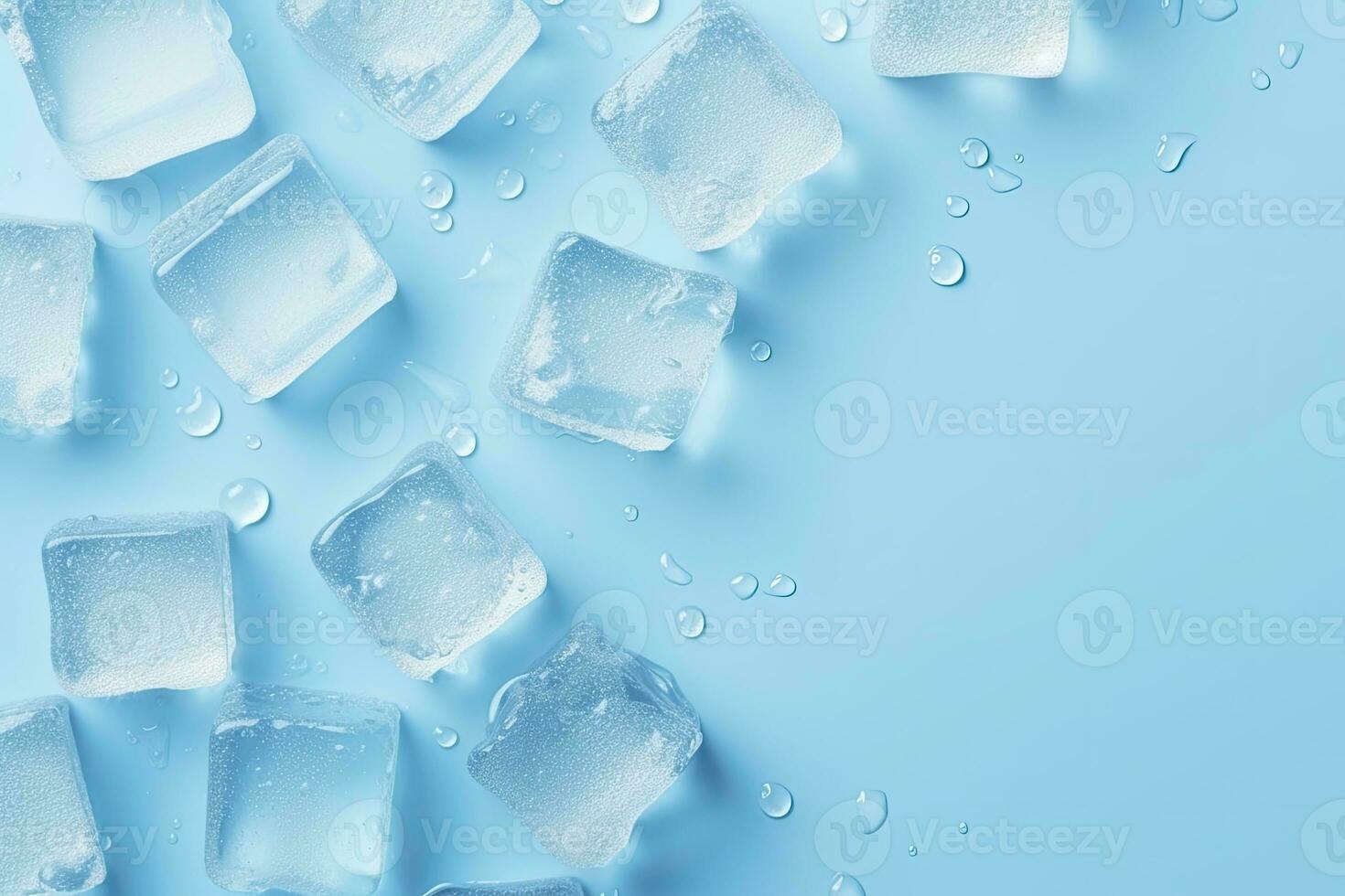 AI generated Cubes of ice and drops are isolated on the blue background with empty space. AI Generated photo