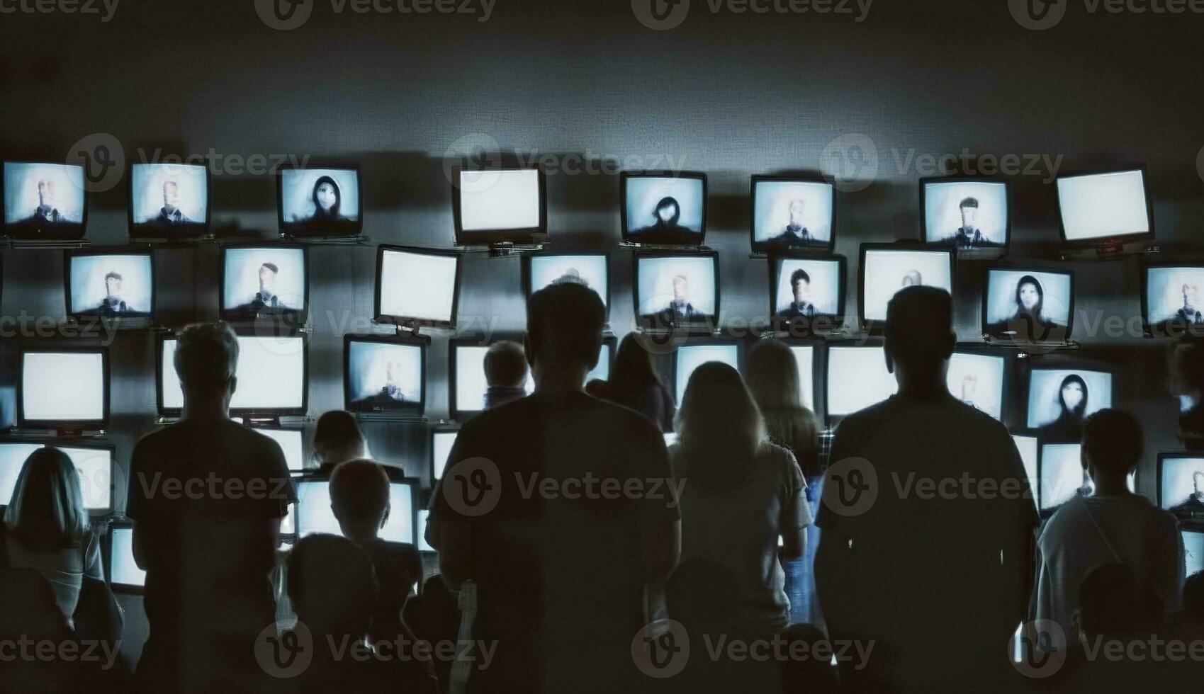 AI generated People crowd watching TV. TV addiction, propaganda and fake news concept. Generative AI photo