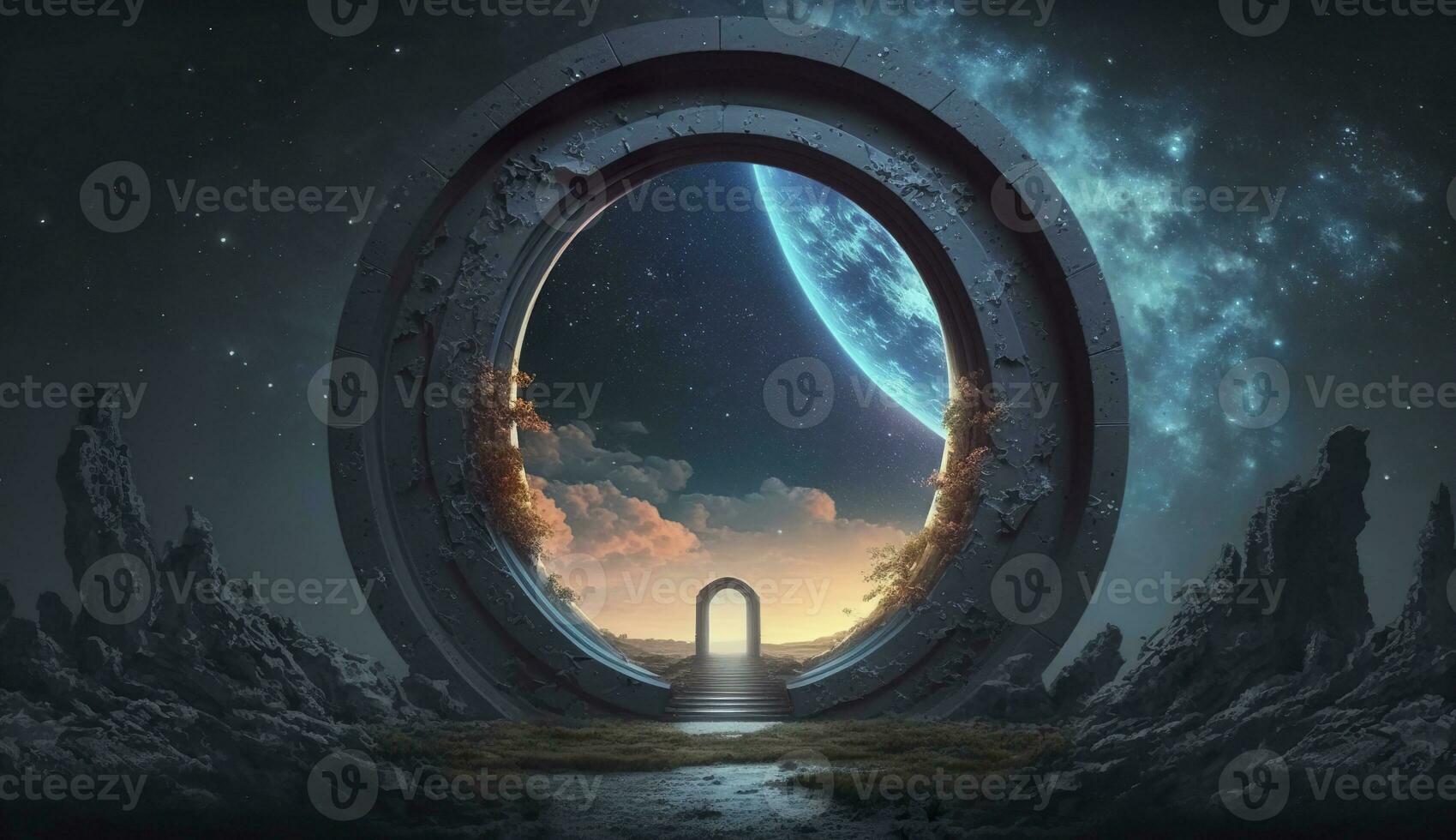 AI generated Portal to another world. Futuristic cosmic landscape with circle tunnel in starry sky. Generative AI photo