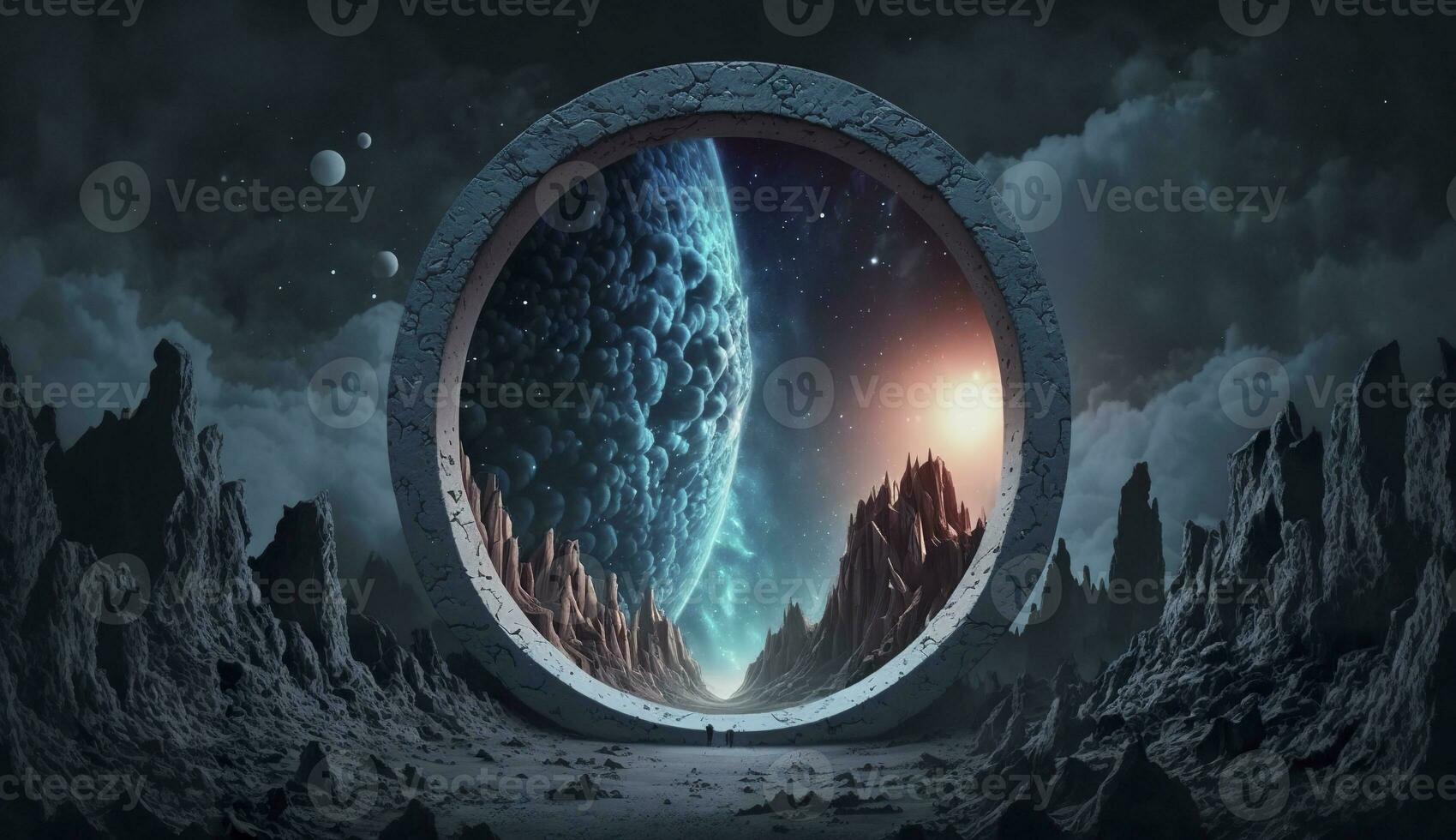 AI generated Portal to another world. Futuristic cosmic landscape with circle tunnel in starry sky. Generative AI photo