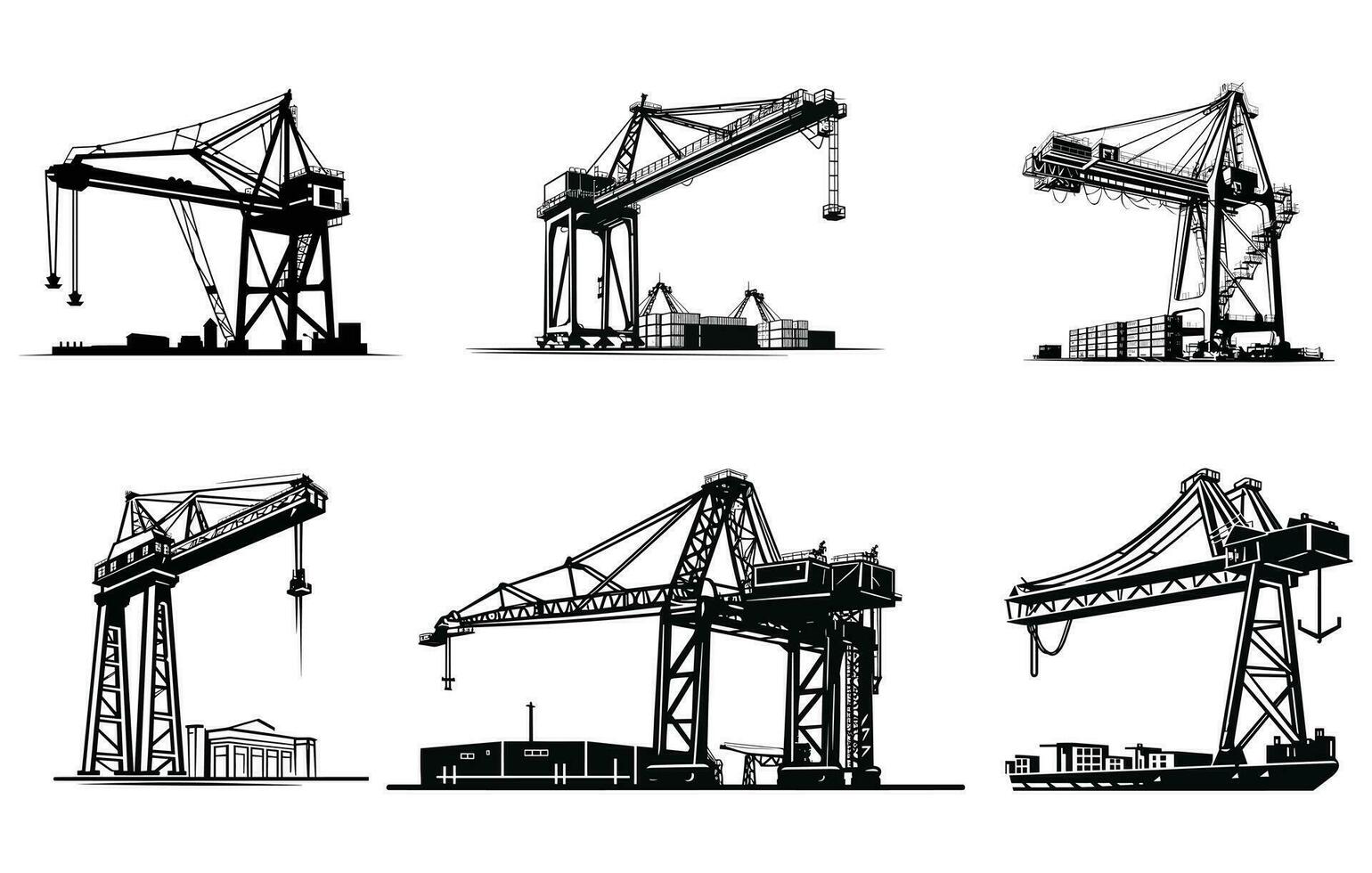 Crane vector icon and lifting equipment, Harbor cargo cranes set. Shipping port equipment.