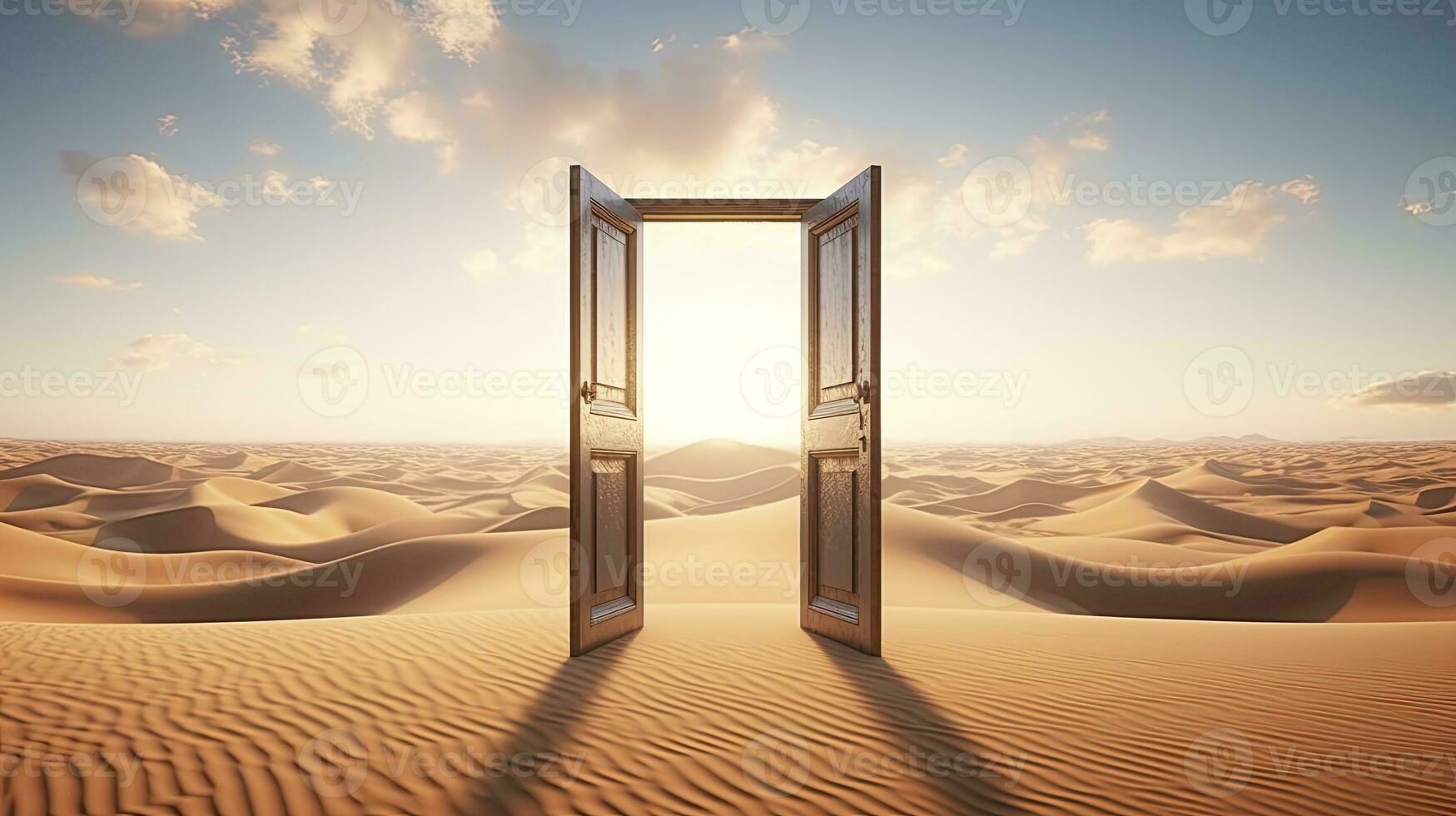 ai generado el abrió puerta en el desierto. desconocido y comienzo arriba concepto. ai generado. foto