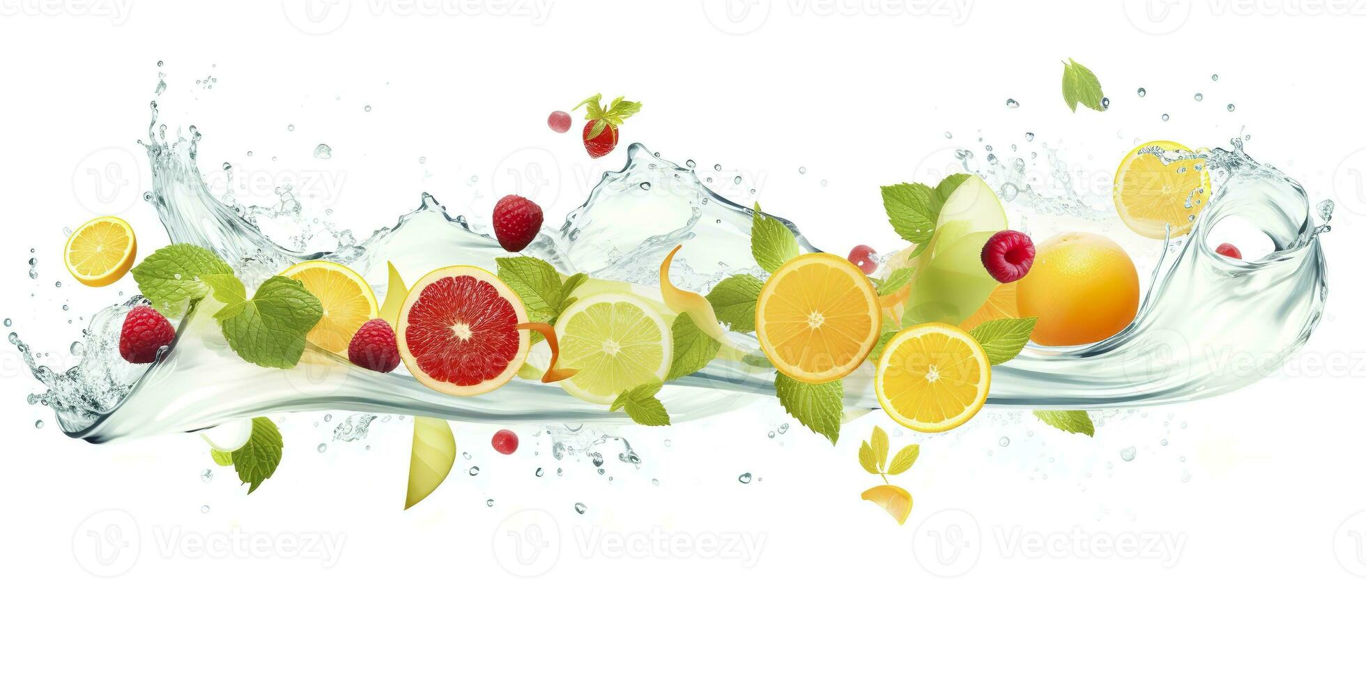 AI generated Swirl water splash with fruits. liquid flow with ice cubes and a mix of fresh fruits. Generative AI photo