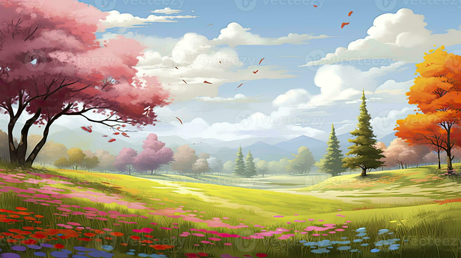 AI generated Spring season with colorful flowers and trees in a pretty meadow or field. AI Generated. photo