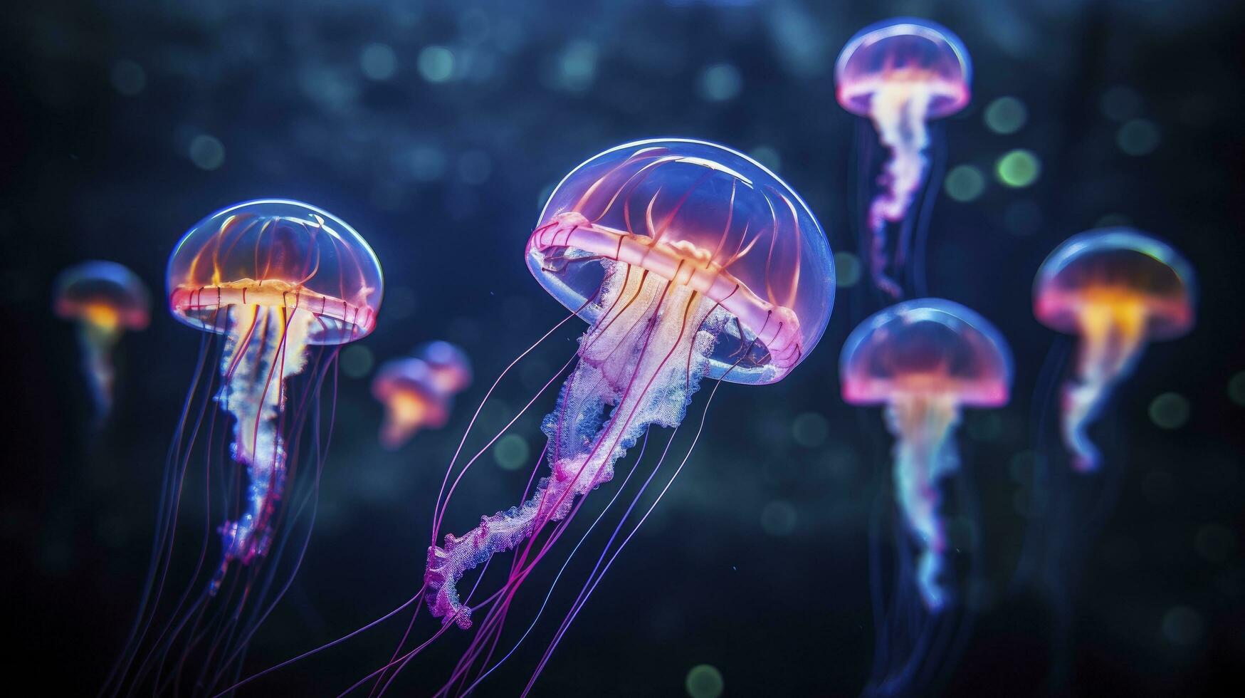 AI generated Beautiful color of jellyfish in underwater in the dark blue ocean water photo