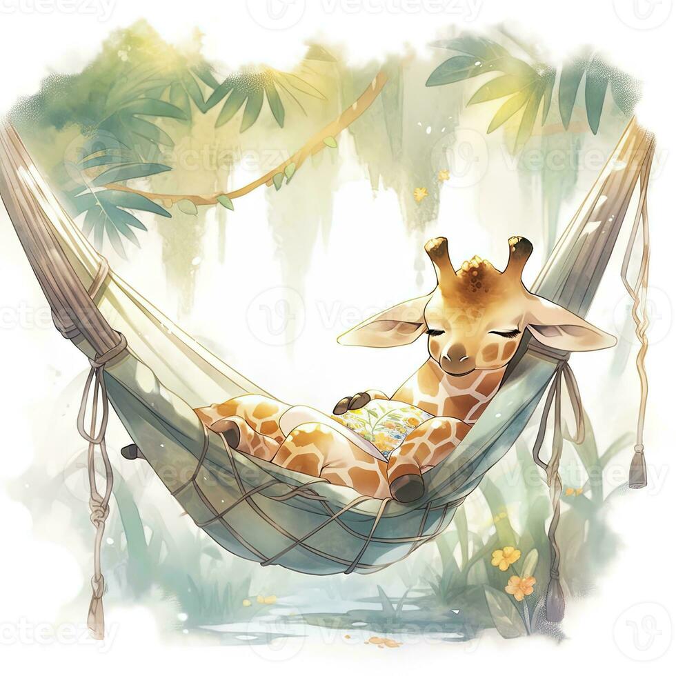 AI generated A sleepy baby giraffe in a hammock. watercolor illustration. AI Generated photo