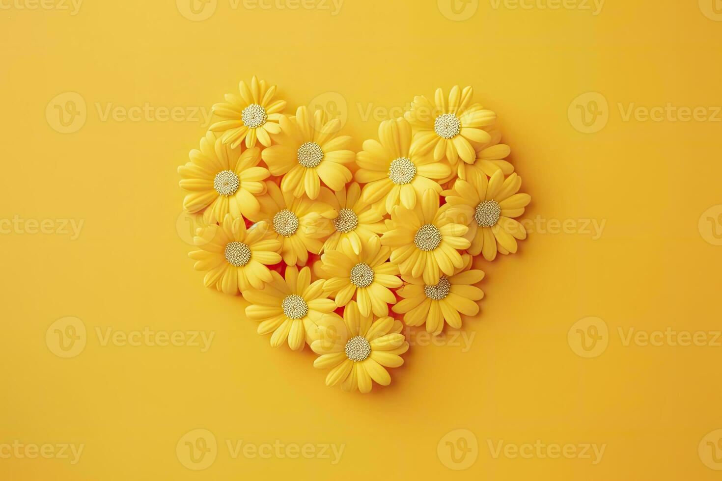 AI generated Yellow Heart Shaped By Yellow Daisies Over Yellow Background. AI Generated photo