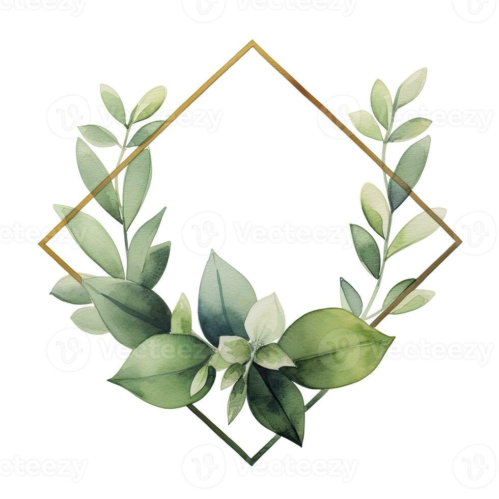 AI generated Watercolor geometry shape wreath with green leaf. AI Generated photo