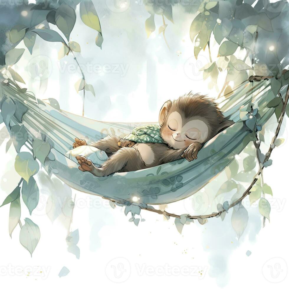 AI generated A sleepy baby monkey in a hammock. watercolor illustration. AI Generated photo