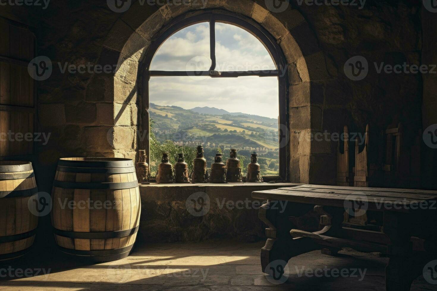 AI generated Barrel in an ancient castle beside the window. AI Generated photo