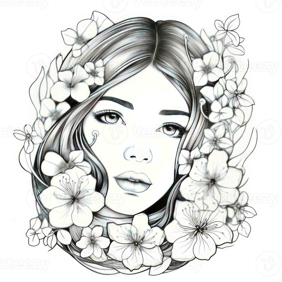 AI generated A girl on a coloring book page with Jasmine flowers. AI Generated photo