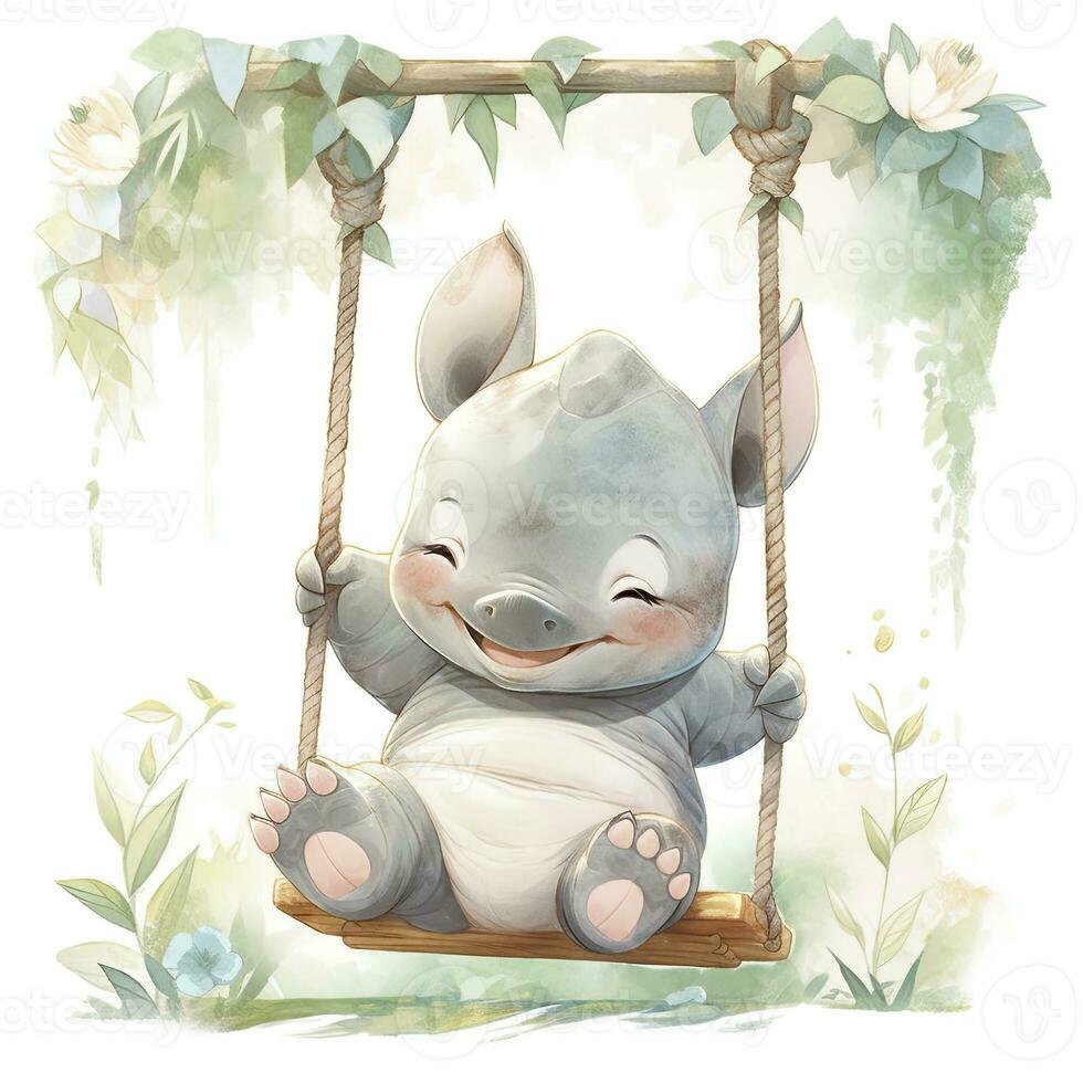 AI generated Cute happy baby rhino on swings in the tree in watercolor style. AI Generated photo