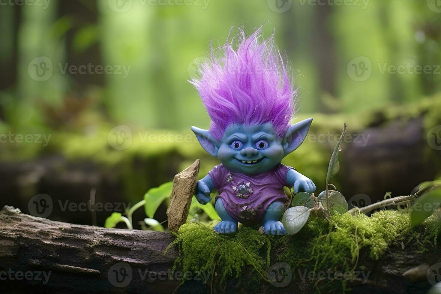 AI generated Tale troll with crystals in the forest, natural green background. Generative AI photo