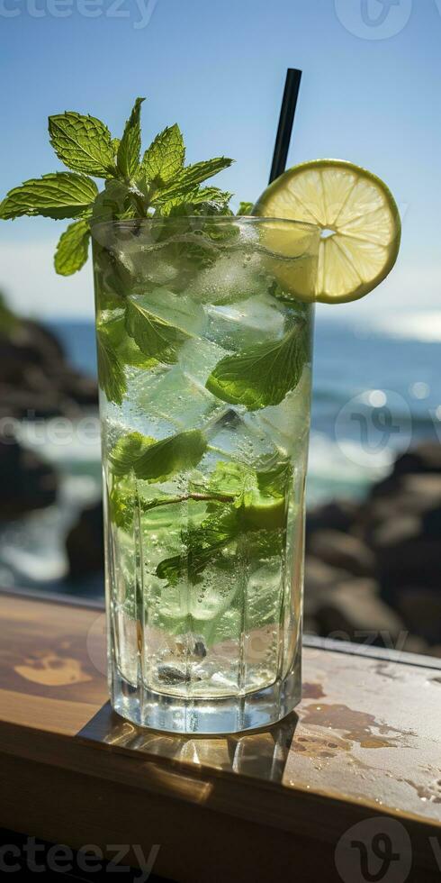 AI generated Stunning photo of cocktail mojito, a sunny summer beach in the background. Generative AI