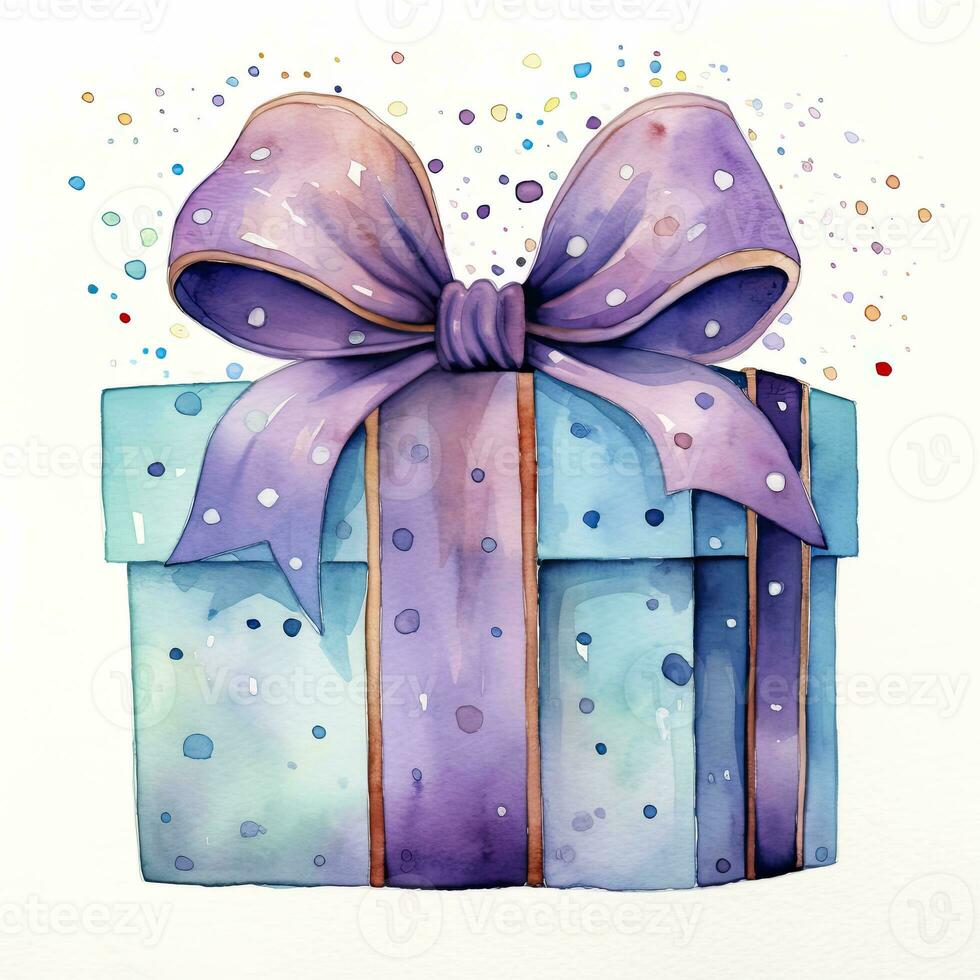 AI generated Watercolor birthday present with bow isolated on white background.  AI Generated photo