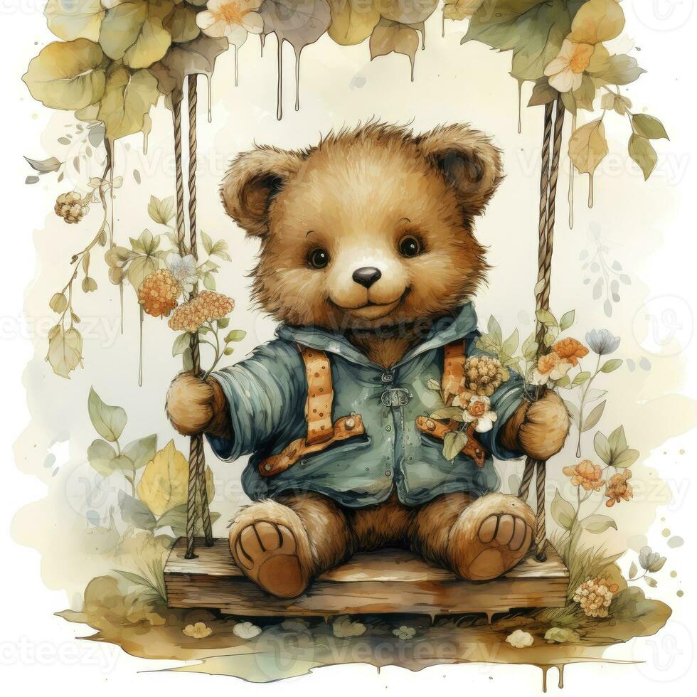 AI generated A cute happy teddy bear swings on a tree on a white background. AI Generated photo