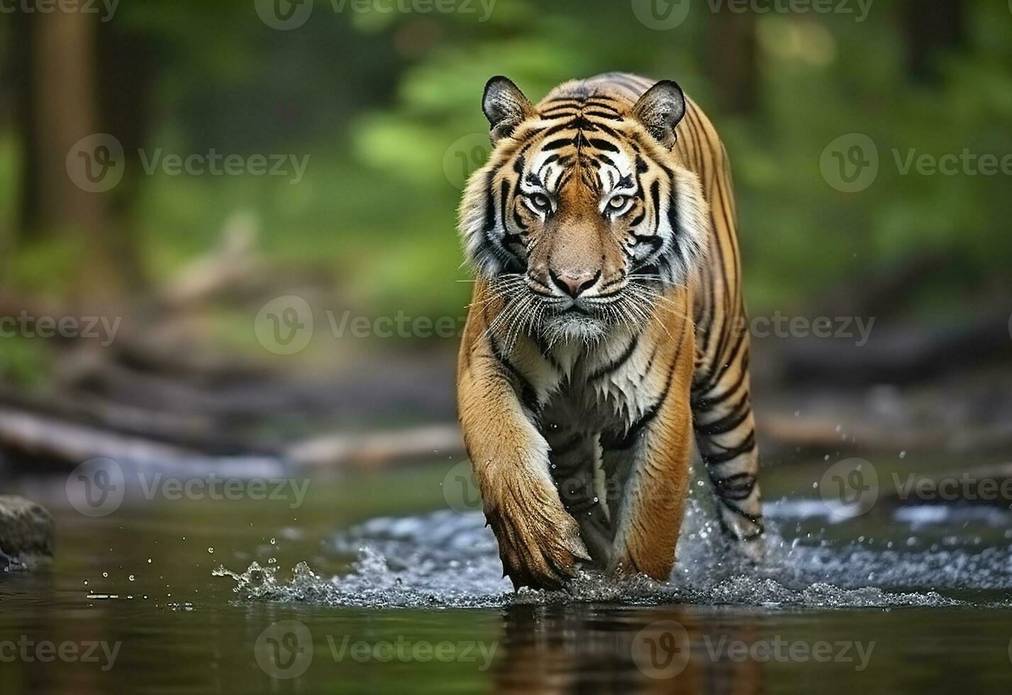 AI generated Amur tiger walking in the water. Dangerous animal.  Animal in a green forest stream. Generative AI photo