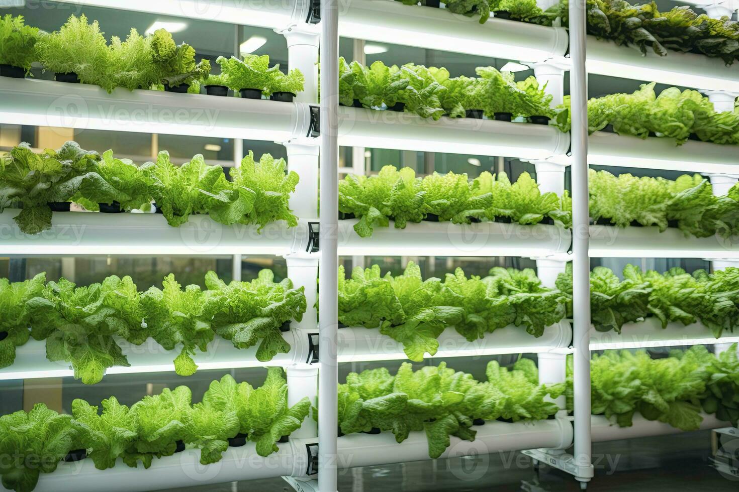 AI generated Vertical Hydroponic Plant System With Cultivated Lettuces. AI Generated photo