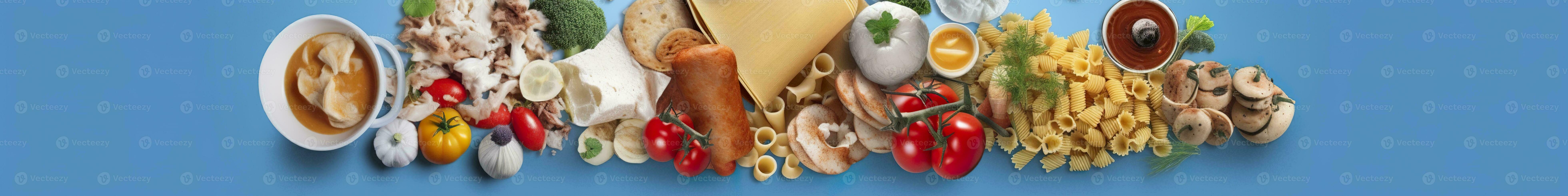 AI generated Web page banner of famous Italian food recipes on clean blue background. AI Generated photo