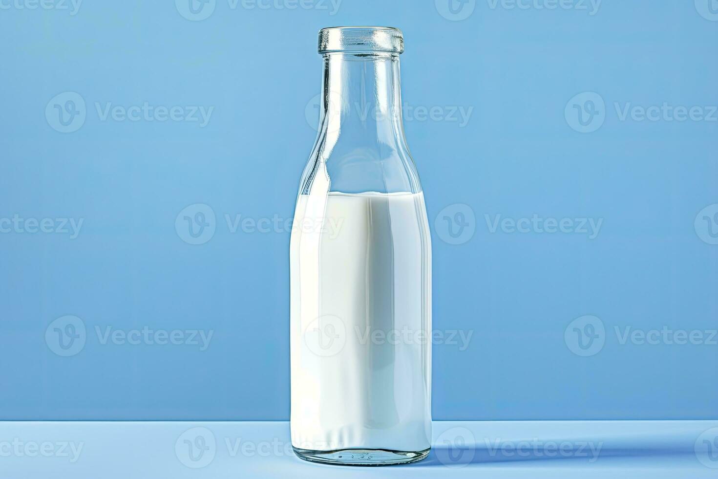 AI generated A glass bottle with full milk on blue background. AI Generated photo