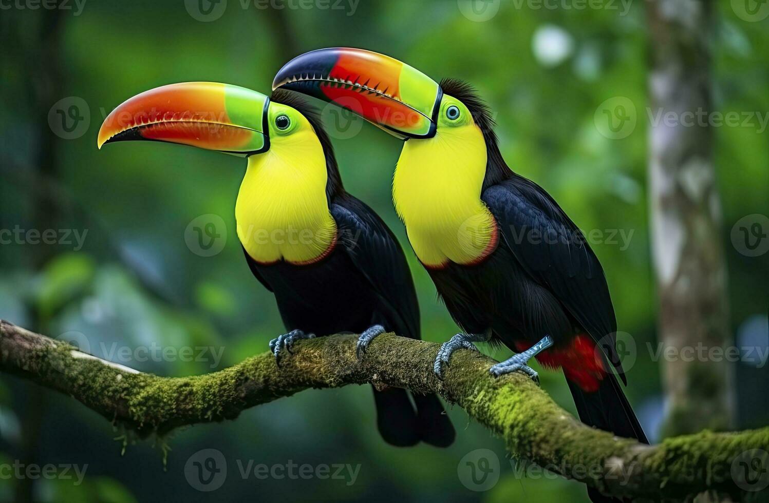 AI generated Toucan sitting on the branch in the forest. AI Generated photo