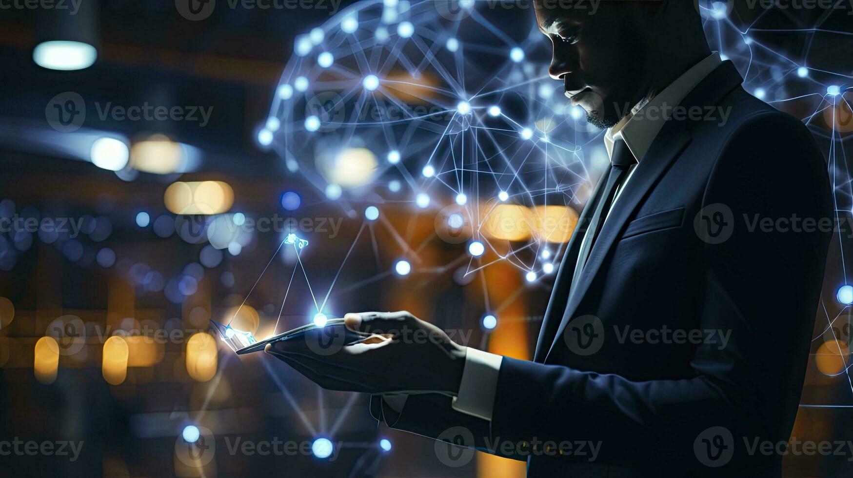 AI generated Navigating the Blockchain border. A businessman holds a tablet and looks at the virtual. AI Generated photo