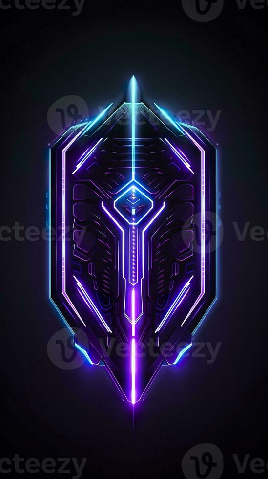 AI generated Amethyst 3D Minimalist Shield Design with a black or dark background with neon lines. AI Generative photo