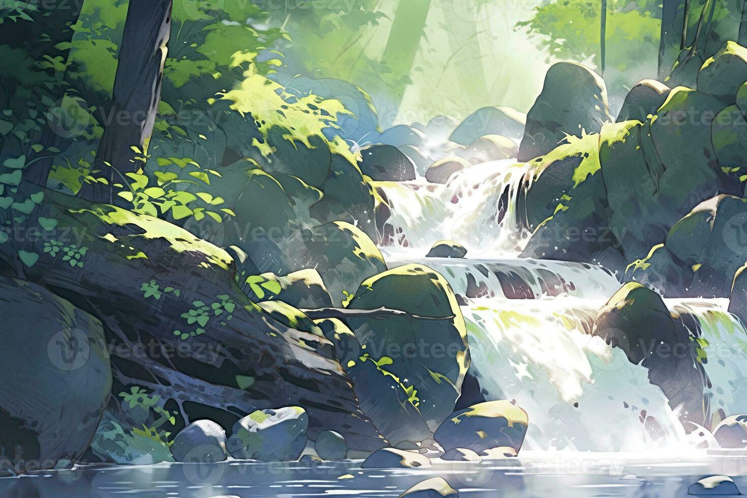 AI generated Watercolor scene of a cascading waterfall surrounded by rainforest. AI Generated. photo