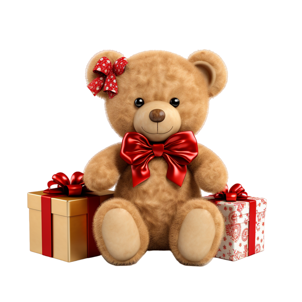 AI generated Teddy bear with gift boxes isolated on a transparent background png