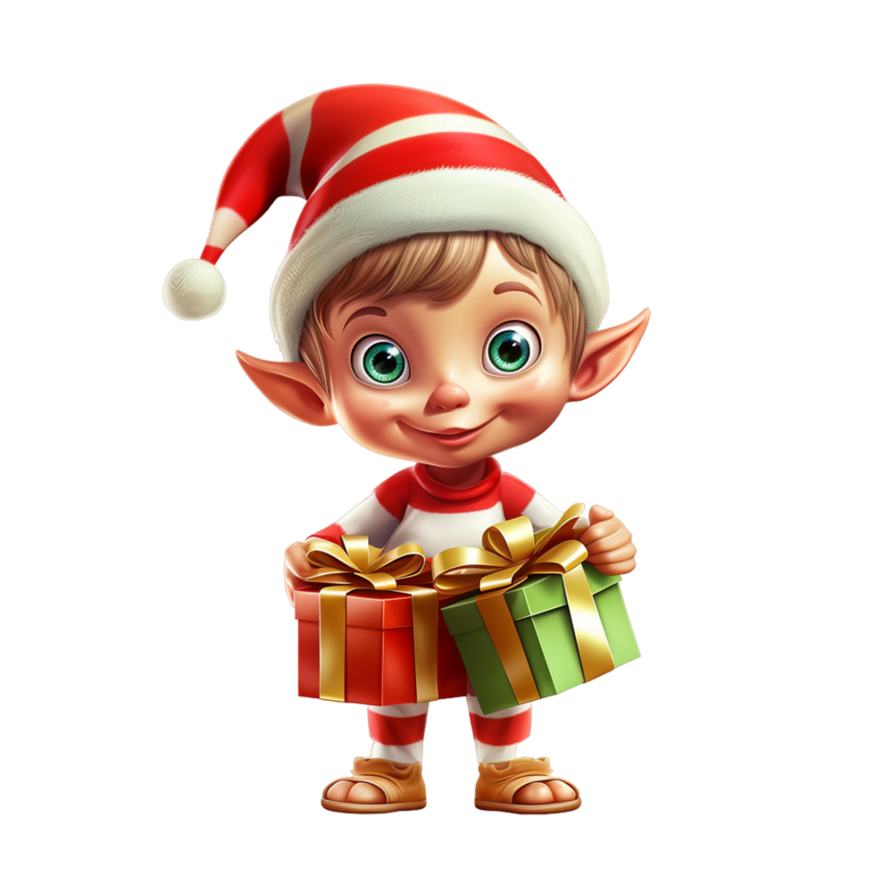 AI generated Christmas Elf holding a Christmas Gift Box isolated on transparent background png