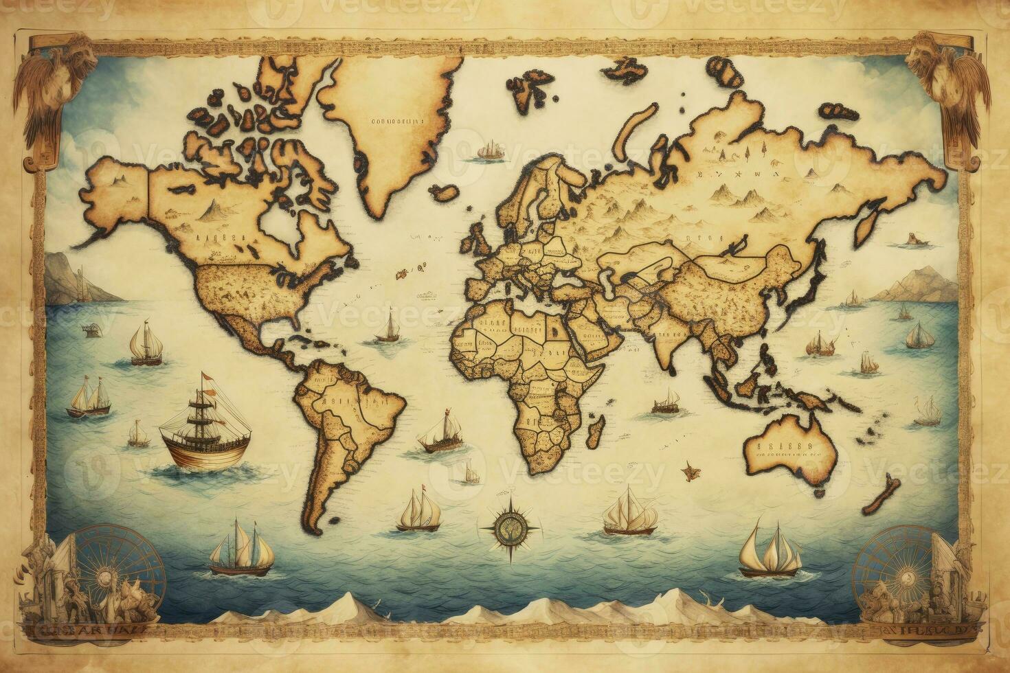 AI generated Great detailed illustration of the world map in vintage style. AI Generated photo