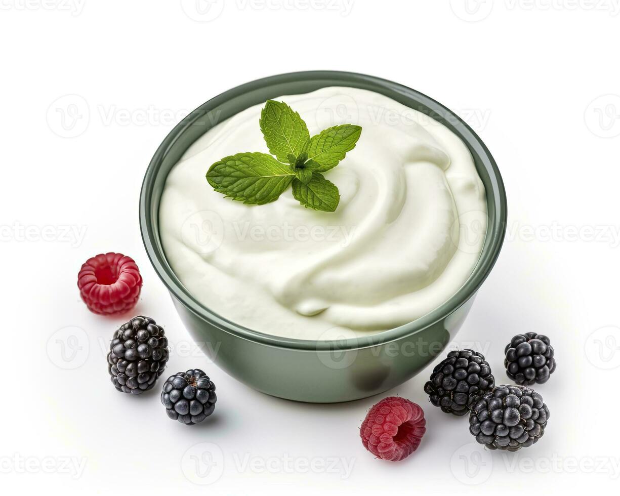 AI generated Green bowl of greek yogurt and fresh berries isolated on white background. AI Generated photo