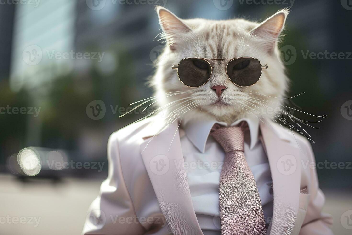 AI generated A cat is wearing sunglasses, suit and standing on street. AI Generated photo