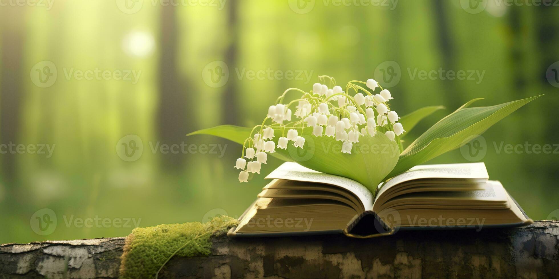 AI generated Lily of the Valley flowers and old books in the forest, green natural background. AI Generated photo