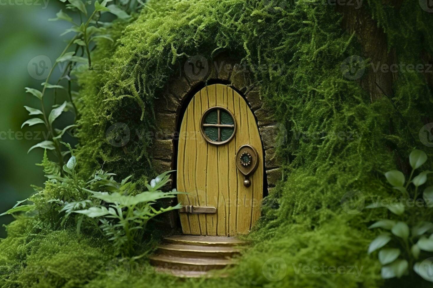 AI generated Little magic wooden fairy doors and plants leave on a mossy natural green background. AI Generated photo