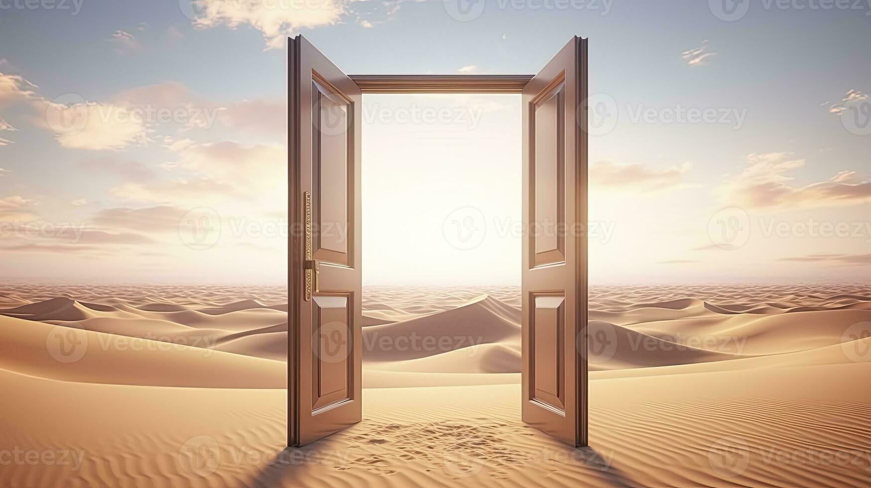 ai generado el abrió puerta en el desierto. desconocido y comienzo arriba concepto. ai generado. foto