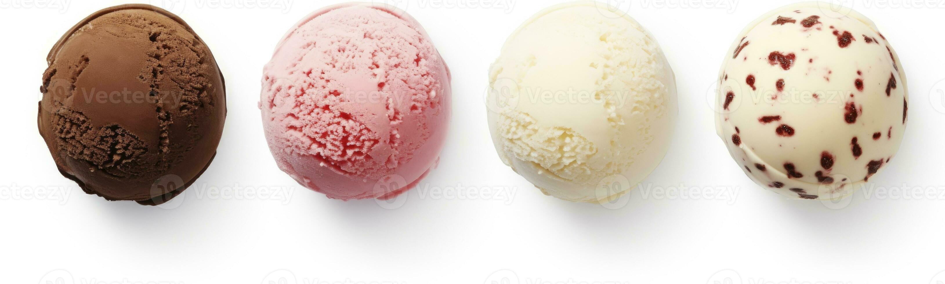 AI generated Set of four various ice cream balls or scoops isolated on white background. AI Generated photo