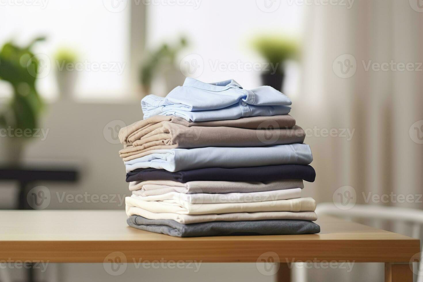 AI generated Stack of clean clothes on table in room. Generative AI photo