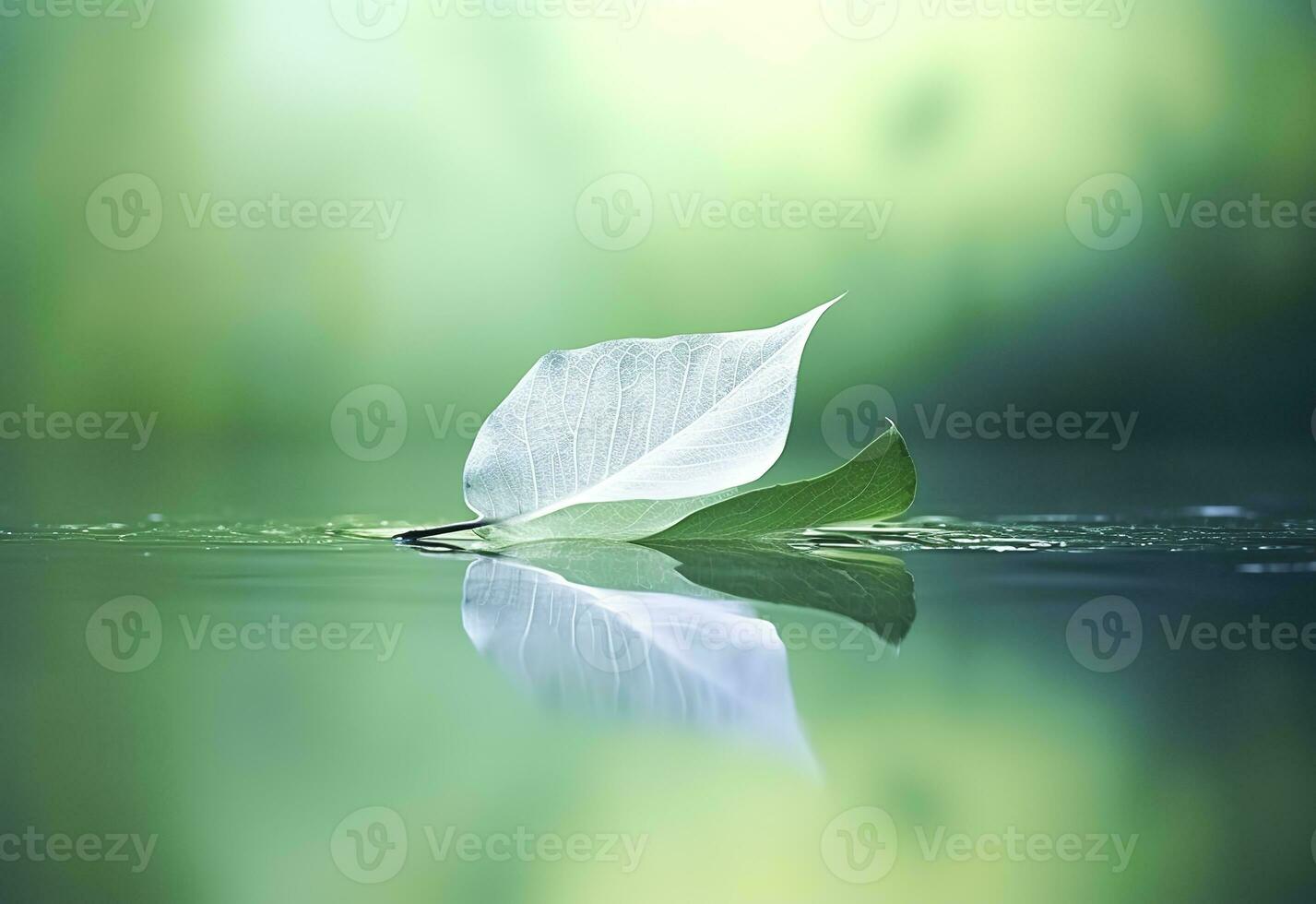ai generado blanco transparente hoja en espejo superficie con reflexión en verde antecedentes macro. generativo ai foto