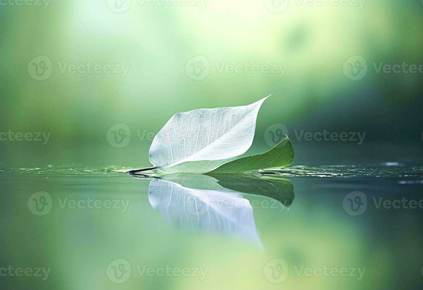 AI generated White transparent leaf on mirror surface with reflection on green background macro. Generative AI photo